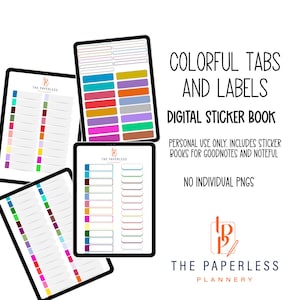 Può includere: Libro di adesivi digitali con schede ed etichette colorate visualizzate su diversi tablet. Le schede e le etichette sono in vari colori, tra cui blu, verde, arancione e viola. Il testo recita "Colorful Tabs and Labels Digital Sticker Book".