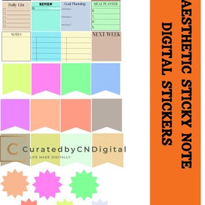 May include: A set of digital planner stickers in various pastel colors, including pink, blue, green, and yellow. The stickers feature different designs, such as weekly tasks, brain dump, review, goal planning, meal planner, and next week. The stickers are labeled "Aesthetic Sticky Note Digital Stickers".