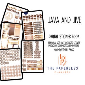May include: A digital sticker book titled JAVA AND JIVE by THE PAPERLESS PLANNER, featuring brown and beige themed planner stickers displayed on tablet screens. The collection includes monthly labels, weekly headers, and circular icons for digital use.