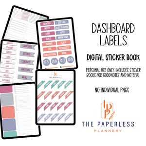 以下が含まれることがあります： GoodNotesとNoteful用のダッシュボードラベル付きデジタルステッカーブック。目標、ジャーナル、健康などのセクションを含む、月次、週次、日次計画用のラベルが含まれています。2025年から2029年までのラベルが特徴です。
