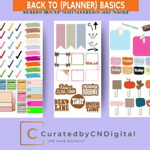 May include: Digital planner stickers and elements in a variety of colors and designs. Includes check marks, banners, frames, and labels with phrases like "Today" and "Morning Routine." The text "BACK TO (PLANNER) BASICS" is at the top.