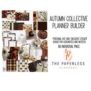 May include: A digital planner builder kit titled AUTUMN COLLECTIVE PLANNER BUILDER. The set includes various planner covers with patterns like plaid, tortoiseshell, and floral prints, alongside digital stickers of pumpkins, coffee, and leaves.