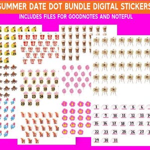 Peut inclure: Ensemble d'autocollants numériques avec des points de date sur le thème de l'été. Comprend divers motifs tels que des glaces, des boissons et des fleurs. Les autocollants sont conçus pour GoodNotes et Noteful.