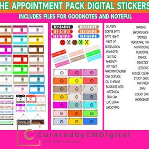 May include: Digital planner stickers in various colours. The image displays appointment stickers with text including "Confirmed", "Tentative", and appointment types like "Doctor" and "Spa Day". Includes files for Goodnotes and Noteful.