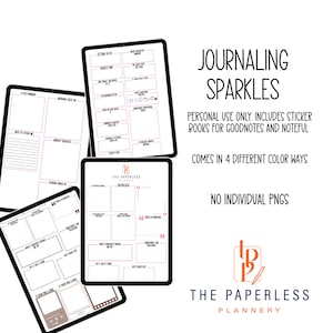 Puede incluir: Plantillas de diario digital en tabletas con contornos rosas y negros y secciones para rellenar. También se ve el texto "Journaling Sparkles" y "The Paperless Plannery".