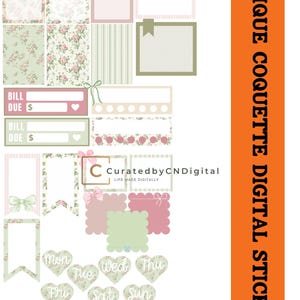 May include: Digital sticker set with an antique coquette theme. The stickers feature floral patterns, frames, banners, and heart-shaped labels for each day of the week. The color palette includes pink, green, and cream tones. The text "ANTIQUE COQUETTE DIGITAL STICKERS" is visible.