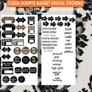 Op de afbeelding: Digitale budgetstickers in zwart en bruin met tekst als "Betaling verschuldigd", "Automatisch betalen" en "Terugbetaling ontvangen". Inclusief stickers voor kostenregistratie, factuurregistratie en financiële categorieën.