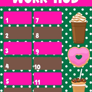 Puede incluir: Un gr&aacute;fico colorido con las palabras "WORK HUB" en la parte superior. El dise&ntilde;o incluye rect&aacute;ngulos rosas y marrones numerados, una bebida de caf&eacute; con crema batida, una rosquilla rosa en forma de coraz&oacute;n y una bebida de caf&eacute; con chispas de chocolate.