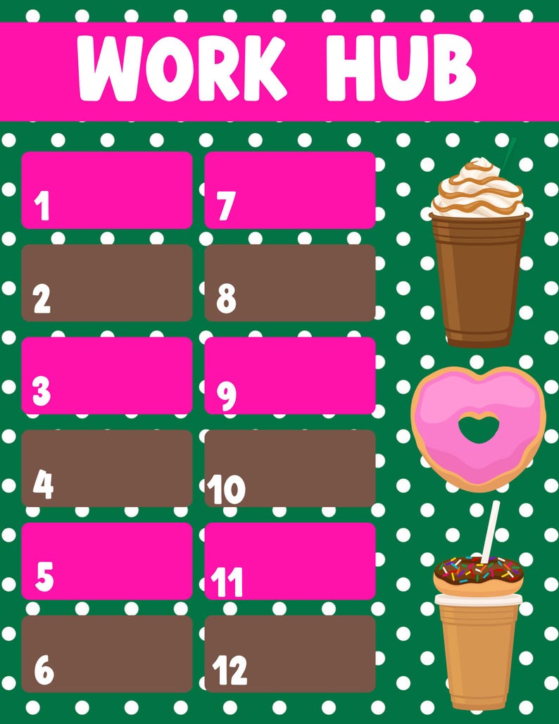 Puede incluir: Un gr&aacute;fico colorido con las palabras "WORK HUB" en la parte superior. El dise&ntilde;o incluye rect&aacute;ngulos rosas y marrones numerados, una bebida de caf&eacute; con crema batida, una rosquilla rosa en forma de coraz&oacute;n y una bebida de caf&eacute; con chispas de chocolate.