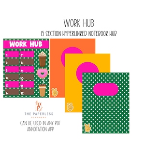 Könnte beinhalten: Ein digitales Planer-Design mit dem Text "WORK HUB" und "15 SECTION HYPERLINKED NOTEBOOK HUB". Das Design umfasst ein rosa-braunes Raster und drei farbenfrohe Notizbuchumschläge. Der Text "CAN BE USED IN ANY PDF ANNOTATION APP" ist ebenfalls enthalten.