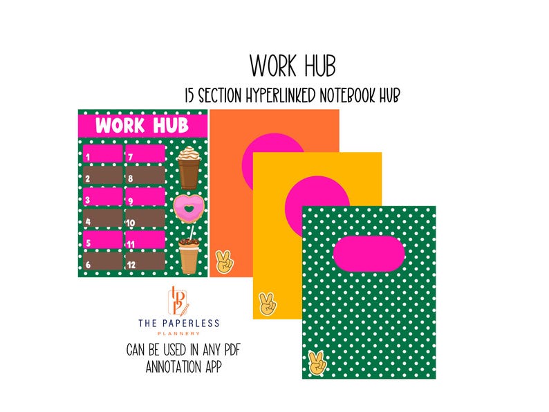 Puede incluir: Un dise&ntilde;o de planificador digital con el texto "WORK HUB" y "15 SECTION HYPERLINKED NOTEBOOK HUB". El dise&ntilde;o incluye una cuadr&iacute;cula rosa y marr&oacute;n, y tres cubiertas de cuadernos coloridas. Tambi&eacute;n se incluye el texto "CAN BE USED IN ANY PDF ANNOTATION APP".