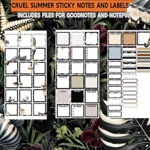 May include: Digital sticky notes and labels with a dark floral theme. The image includes various square and rectangular templates with decorative borders and the text "CRUEL SUMMER STICKY NOTES AND LABELS" and "INCLUDES FILES FOR GOODNOTES AND NOTEFUL".