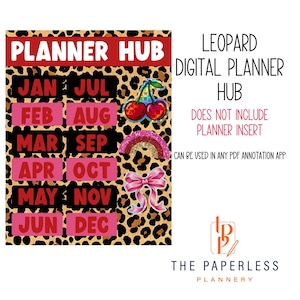 May include: Leopard print digital planner hub with months of the year listed. The design includes a leopard print background, pink and black text, and decorative elements like cherries, a rainbow, and a bow. The text reads "PLANNER HUB".