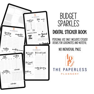 May include: A collection of digital planner templates displayed on black tablets. The templates include sections for spending, debt, bills, and financial goals. The text "Budget Sparkles" and "Digital Sticker Book" are also visible.
