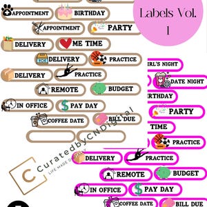 May include: A set of 20 colourful digital planner stickers for Goodnotes. The stickers feature various icons and text labels, including "Appointment", "Birthday", "Delivery", "Practice", "Date Night", "Party", "Me Time", "Remote", "Pay Day", "Bill Due", "Coffee Date", "In Office", and "Budget".