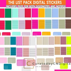 May include: Digital sticker pack with various colorful designs, including notebooks and labels. The text at the top reads "THE LIST PACK DIGITAL STICKERS" and "INCLUDES FILES FOR BOTH GOODNOTES AND NOTEFUL."