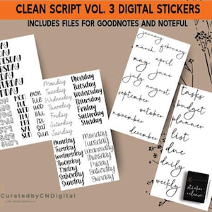 May include: Digital stickers for Goodnotes and Noteful apps. The stickers include days of the week, months of the year, and planner labels like "tasks", "budget", "planner", "list", "due", "daily", "weekly", and "release".