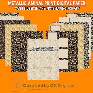 Könnte beinhalten: Eine Sammlung digitaler Papiere mit metallischen Tiermotiven. Die Papiere zeigen verschiedene Muster, darunter Leopardenflecken und gesprenkelte Texturen, in Braun-, Gold- und Beigetönen. Der Text lautet "METALLIC ANIMAL PRINT DIGITAL PAPER AND TEMPLATES".