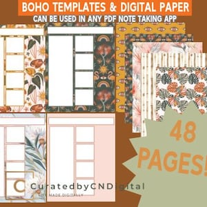 May include: A collection of digital templates and paper with a boho design. The image displays templates with floral and geometric patterns, plus patterned digital papers. Text includes "BOHO TEMPLATES & DIGITAL PAPER" and "48 PAGES!!!!".