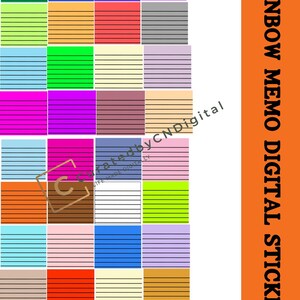 May include: A set of 24 digital rainbow memo stickers with lined paper. Each sticker is a different color of the rainbow and has black lines.