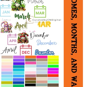 May include: A set of digital planner stickers featuring gnomes, months of the year, and calendar icons. The stickers are in various colors, including pink, blue, green, yellow, and red. The text "GNOMES, MONTHS, AND WASHI" is written vertically on the right side of the image.