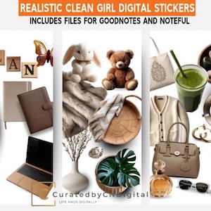 May include: Digital stickers for Goodnotes and Noteful featuring a variety of items including a brown leather journal, a laptop, a white ceramic vase with dried flowers, a green plant, a brown teddy bear, a white bunny, a brown tote bag with a leaf design, a green smoothie in a glass, a brown leather handbag, a pair of sunglasses, a brown and white ceramic mug, a set of gold hoop earrings, a candle, a set of pens, and a set of wooden alphabet blocks that spell out the word "PLAN".