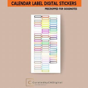 May include: A sheet of digital stickers for Goodnotes, featuring a variety of colorful rectangular labels with black outlines. The labels are pre-cropped for easy use.