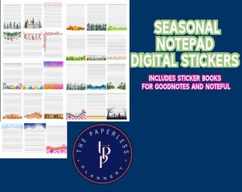 May include: A digital sticker set with seasonal notepad designs. The image features lined pages with various decorative borders, including autumn leaves, Christmas garlands, and candy. Text reads "SEASONAL NOTEPAD DIGITAL STICKERS". Includes sticker books for GoodNotes and Noteful.