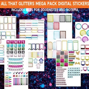 May include: A digital sticker pack for Goodnotes and Noteful apps. The pack includes a variety of stickers, including banners, flags, arrows, checkmarks, boxes, circles, and calendar elements. The stickers are in a variety of colors, including pink, blue, green, yellow, and purple.