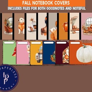 May include: A collection of digital notebook covers with a fall theme. The covers feature watercolor illustrations of autumn scenes, including pumpkins, leaves, and cozy interiors. The text at the top says "FALL NOTEBOOK COVERS" and "INCLUDES FILES FOR BOTH GOODNOTES AND NOTEFUL".