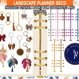 May include: A collection of planner accessories, including keychains with bows, hearts, and feathers, along with decorative dividers in various colors. The image also features a gold-colored planner stand and sticker books. Text on the image reads "LANDSCAPE PLANNER DECO" and "INCLUDES STICKER BOOKS FOR GOODNOTES AND NOTEFUL."