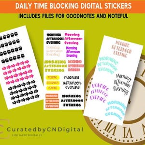 May include: Digital stickers for Goodnotes and Noteful apps. The stickers feature colorful time blocking labels for morning, afternoon, and evening. The stickers are designed to help users organize their time and schedule.