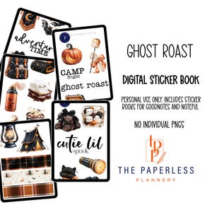 May include: A digital sticker book titled Ghost Roast featuring Halloween-themed illustrations of pumpkins, s'mores, tents, lanterns, and black cats on tablet screens. Text includes Adventure Time, Camp Fright, Ghost Roast, and Cutie Lil Spook.