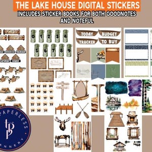May include: Digital sticker set with a lake house theme. Includes sticker books for GoodNotes and Noteful. Features various stickers such as wooden signs, tents, calendars, and decorative elements. The color palette includes browns, greens, and blues.