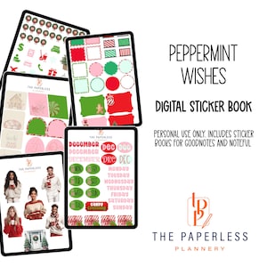 May include: Digital sticker book with a peppermint theme. The image shows several tablets displaying digital stickers with Christmas and winter designs. The stickers include wreaths, gingerbread men, and holiday-themed graphics. Text on the image reads "Peppermint Wishes" and "Digital Sticker Book."