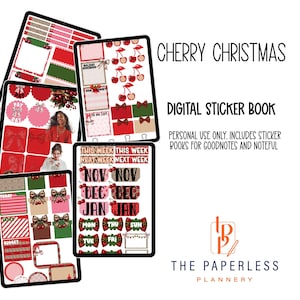 May include: Digital sticker book with a Cherry Christmas theme. The image shows several digital planner pages with red, green, and pink accents. The pages include decorative elements like cherries, bows, and text boxes. The text on the image says "Cherry Christmas" and "Digital Sticker Book".