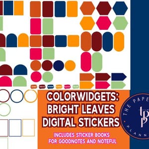 May include: A collection of digital stickers in various shapes and colors, including rectangles, circles, and arrows. The color palette features shades of orange, pink, green, and blue. The text "COLORWIDGETS: BRIGHT LEAVES DIGITAL STICKERS" is displayed.