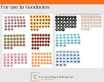 May include: A digital planner sticker pack with various date dot designs. The designs include strawberries, flowers, and polka dots. The numbers 1-31 are included in each design. The sticker pack is for use in the Goodnotes app.