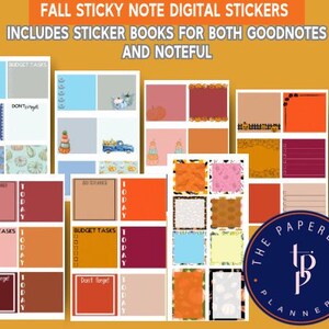 Könnte beinhalten: Digitale Haftnotiz-Aufkleber mit Herbstthema. Das Bild enthält Stickerbücher für GoodNotes und Noteful. Die Aufkleber zeigen verschiedene Designs, darunter Kürbisse, einen blauen Truck und Text wie "Budget Tasks" und "Don't forget."