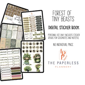 May include: Digital sticker book titled "Forest of Tiny Beasts" with various digital stickers displayed on tablets. Includes date stickers, labels, and illustrated characters. The Paperless Plannery logo is also visible.