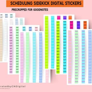 May include: A set of digital stickers for Goodnotes, featuring colorful time blocks with a variety of colors, including pink, blue, green, yellow, and orange. The stickers are pre-cropped and ready to use in the Goodnotes app.