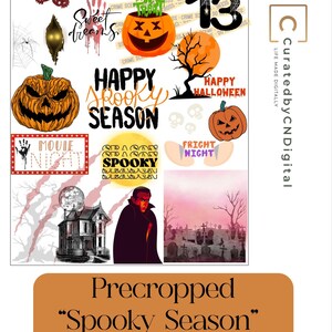 May include: A digital sticker pack with a Halloween theme. The stickers feature various spooky images, including a pumpkin, a haunted house, a vampire, and a graveyard. The text "Happy Spooky Season" is featured on one of the stickers.