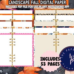 May include: Digital paper set with fall landscape designs. Includes PDF file for use in any note-taking app. The set includes 53 pages. The design features a gold binder with various fall-themed borders and the text "LANDSCAPE FALL DIGITAL PAPER".