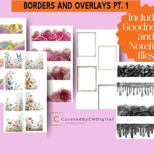 May include: Digital planner borders and overlays for Goodnotes and Noteful apps. Includes a variety of designs, including floral, abstract, and glitter.