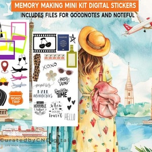 May include: Digital sticker kit with travel-themed elements. Includes frames, airplanes, road trip sign, sunglasses, passport, and text: "Memory Making Mini Kit Digital Stickers." A woman with a hat and backpack is in the background.