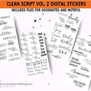May include: A set of digital stickers for Goodnotes and Noteful apps. The stickers feature a variety of designs, including weekly, monthly, and daily planner stickers, as well as motivational quotes and phrases.