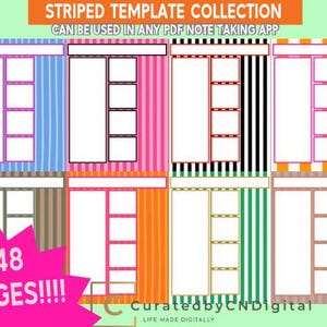 May include: Digital templates with striped backgrounds in various colours, including blue, pink, black, and orange. Each template features a white rectangular area for notes and a smaller section for additional information. The text reads "STRIPED TEMPLATE COLLECTION" and "48 PAGES!!!!".