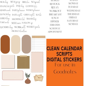 Puede incluir: Pegatinas digitales para la aplicación Goodnotes con un tema de calendario limpio. Las pegatinas incluyen varias frases como "Día ocupado", "Notas de la reunión", "Almuerzo", "Cena", "Entrenamiento", "Metas financieras", "Tomar medicamentos", "Fecha límite del proyecto", "Planificador semanal", "Lista de compras", "Día de la basura", "Cuidado personal", "Seguimiento", "Llamada de trabajo", "Noche de cita", "Noche de chicas", "Por hacer", "Fecha límite de la reunión", "Importante", "Presupuesto", "Reabastecimiento", "Relajarse", "Trabajo en casa", "Recordatorio", "Hoy", "Lunes", "Martes", "Miércoles", "Jueves", "Viernes", "Sábado", "Domingo", "Cita", "Recados", "Horario". Las pegatinas son de estilo minimalista con una combinación de colores marrón, beige y naranja.