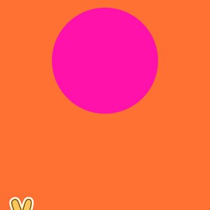 Puede incluir: Un fondo naranja brillante con un gran c&iacute;rculo rosa brillante en el centro. Una pegatina con el signo de la paz est&aacute; en la esquina inferior izquierda. La imagen tiene un estilo retro y pop art.