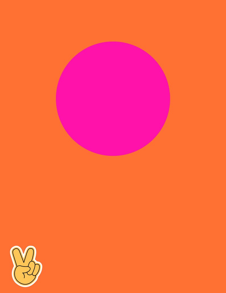 Puede incluir: Un fondo naranja brillante con un gran c&iacute;rculo rosa brillante en el centro. Una pegatina con el signo de la paz est&aacute; en la esquina inferior izquierda. La imagen tiene un estilo retro y pop art.